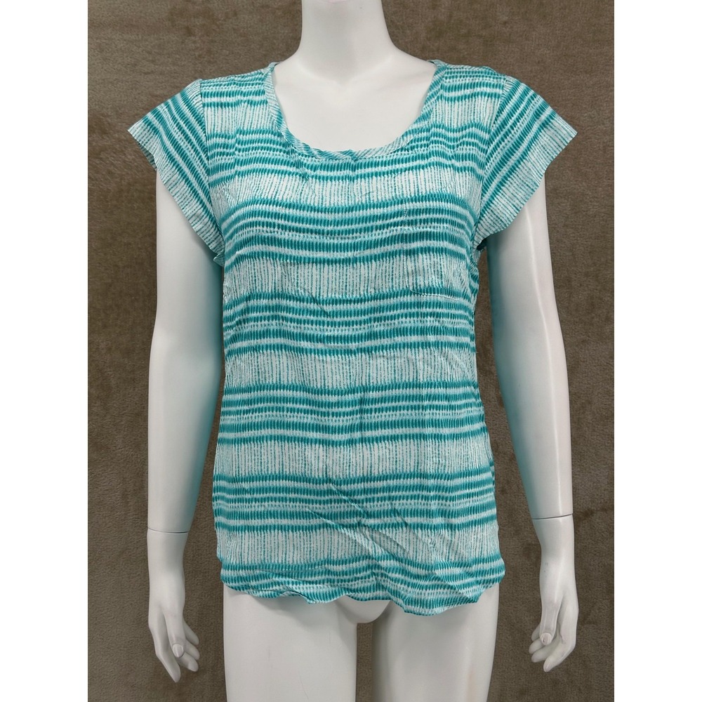 Anne Carson Top Womens Large Blue Green Striped Lightweight Sheer Summer Casual